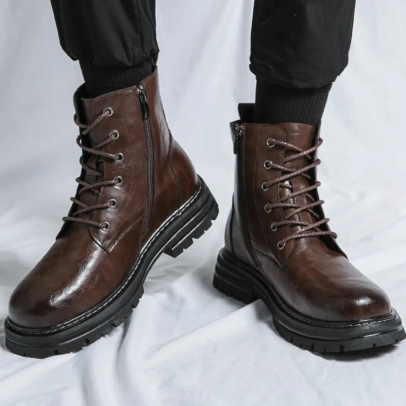 Zipper Leather Brown Men's Casual Boots With Side Zipper Retro