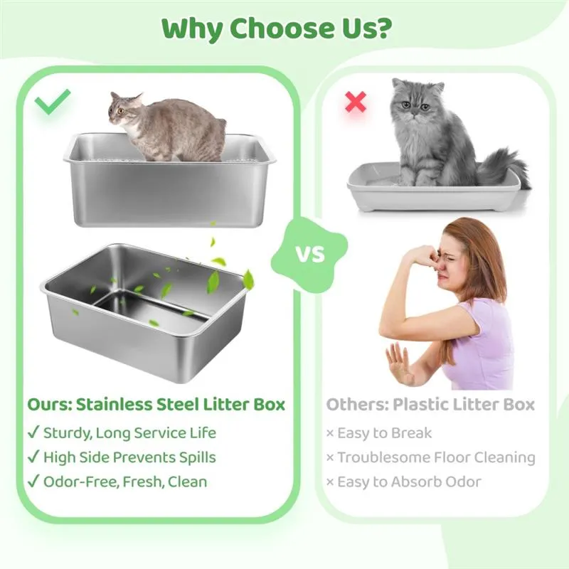 Stainless Steel Cat Litter Box, High Sides, Odor-Free & Easy Clean, Open Top