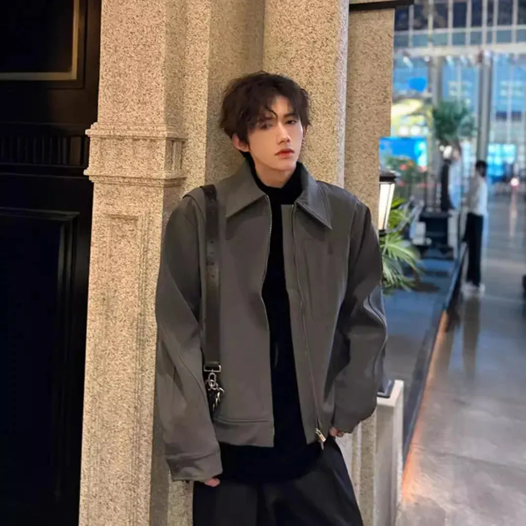 Men's Grey Cropped Cardigan Jacket Vintage Bomber Style, Loose Fit,  Casual Trendy