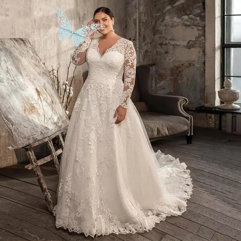 Modest Long Sleeves Plus Size Wedding Dress Appliques Vestido De