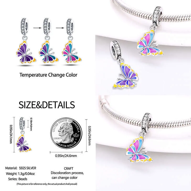 Chamäleon-Schmetterlingsanhänger aus 925er Sterlingsilber, Farbwechsel-Perlen, passend für Originalarmbänder, DIY-Schmuckgeschenke_voghion.com