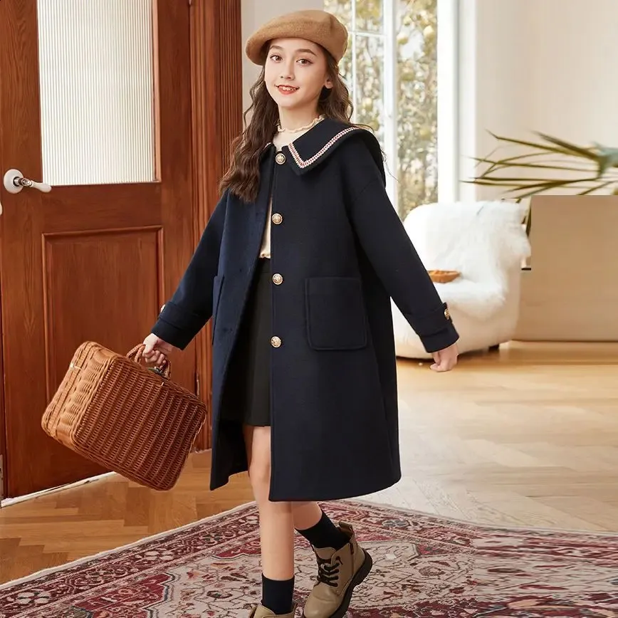 Vintage Long Wool Coat For Girls Warm Winter Outerwear