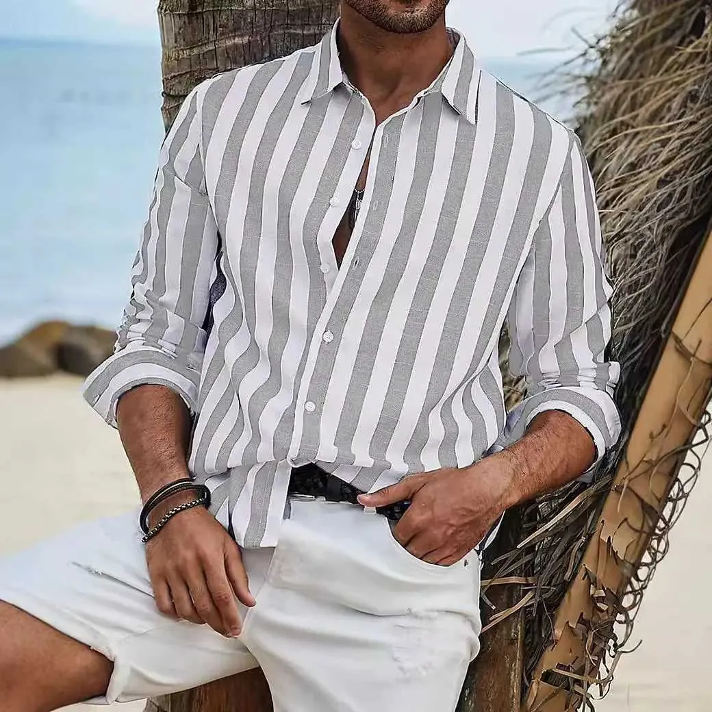 Z240914 Mens Cotton Linen Striped Guba Cardigan Casual Long Sleeve