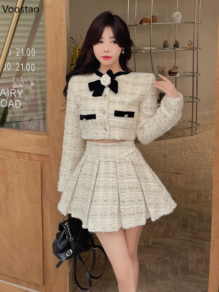 Womens Tweed Skirt Suit - Elegant Bow Jacket & Mini Skirt