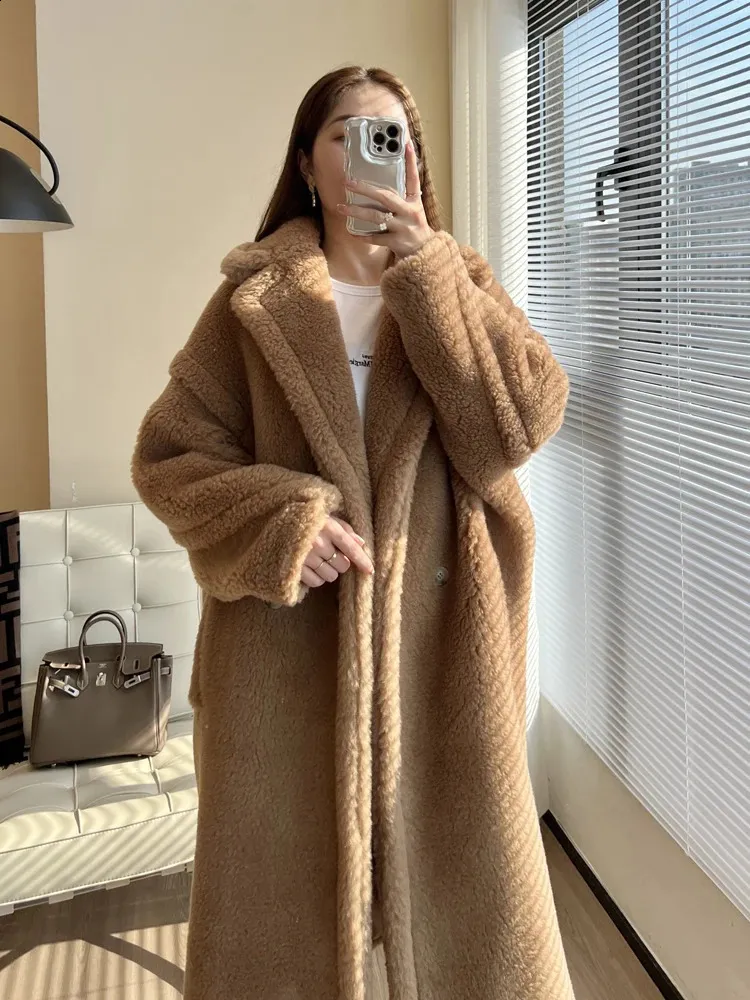 Womens Camel Wool Teddy Bear Coat - Alpaca Blend, Mid-Length, Warm