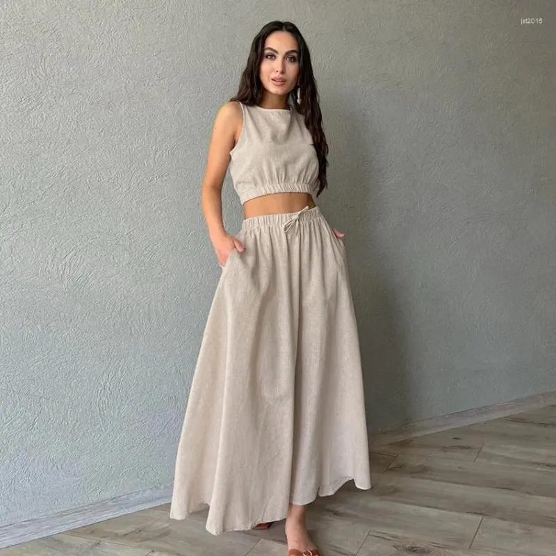 Womens Casual Khaki Linen Blend A-Line Skirt Suit - Summer Vest Dress Set  from Dhgate Work Dresses - price 16.68