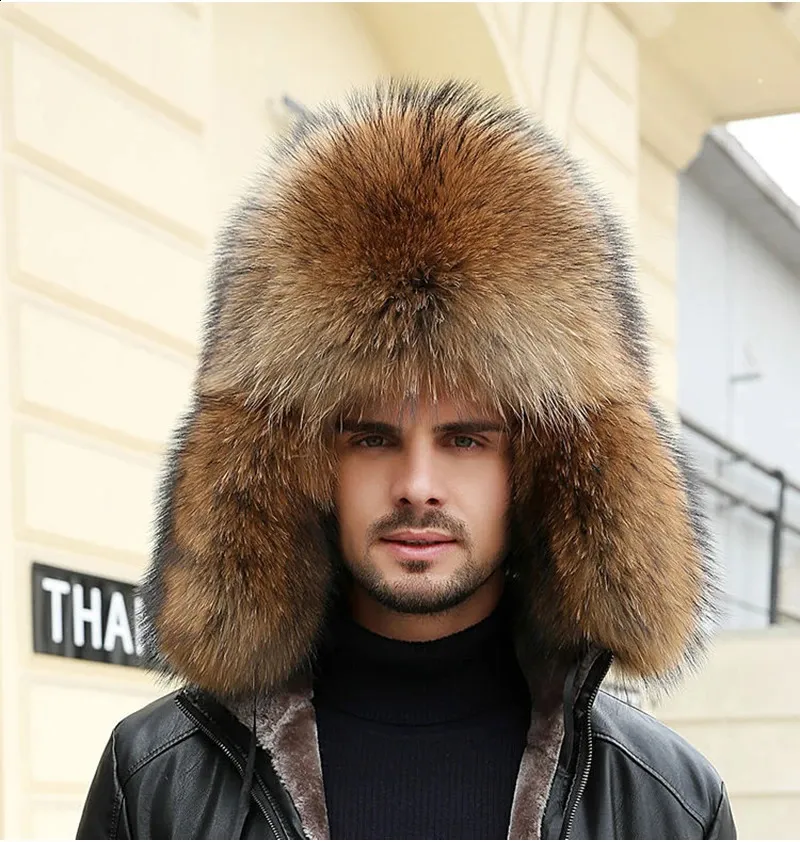 本物のキツネの毛皮ロシアのウシュンカの帽子 男性用の暖かい冬の耳の