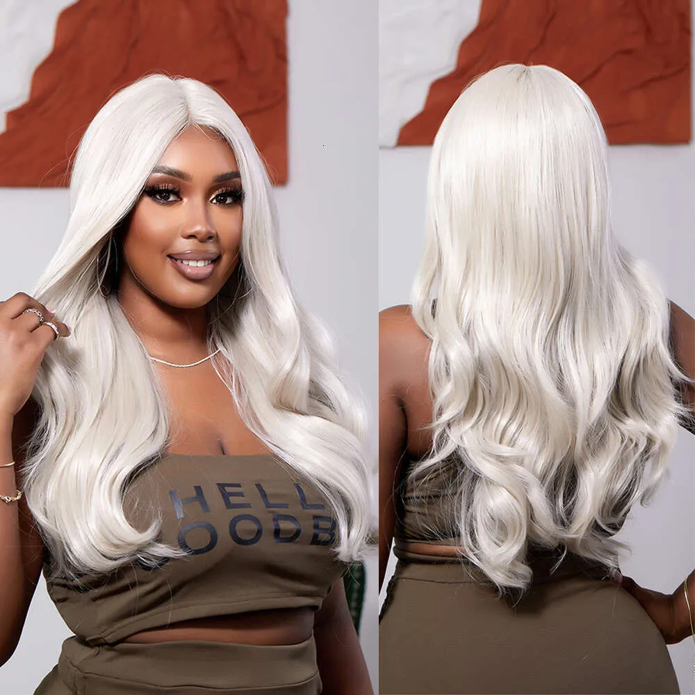 White Color Long Synthetic Wavy Platinum Blonde Lace Front Wig