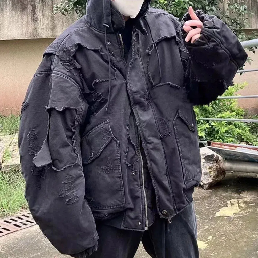 Ripstop Pilot Hooded Jacket - Black Denim Moto Trench Coat for Men