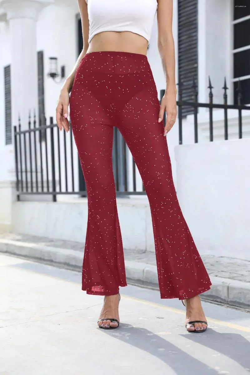Gothic Black Sheer Mesh Flared High Waist Sequin Flare Pants For Women Shiny Bell Bottom Party Trousers With Y2K See Through Design From Chicavenue 11.29 DHgate.Com