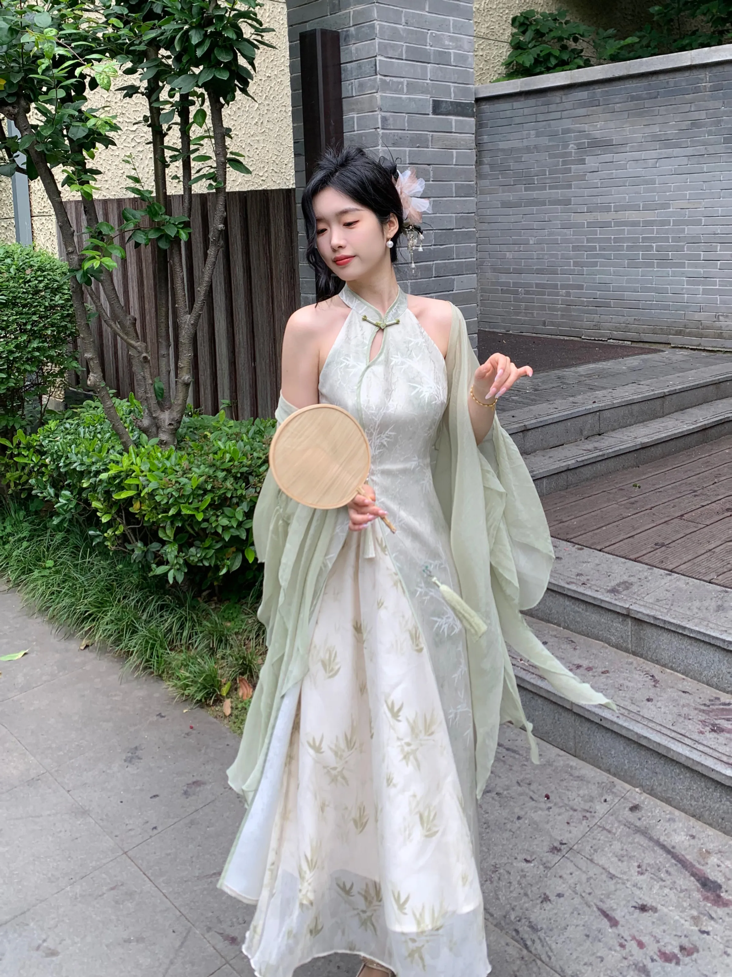 Chinese Cheongsam Dresses Elegant Halter Neck Dress With Bamboo