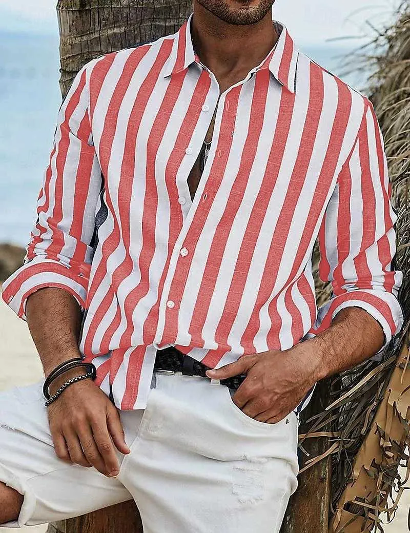Mens Summer Vertical Striped Linen Blend Casual Button-Down