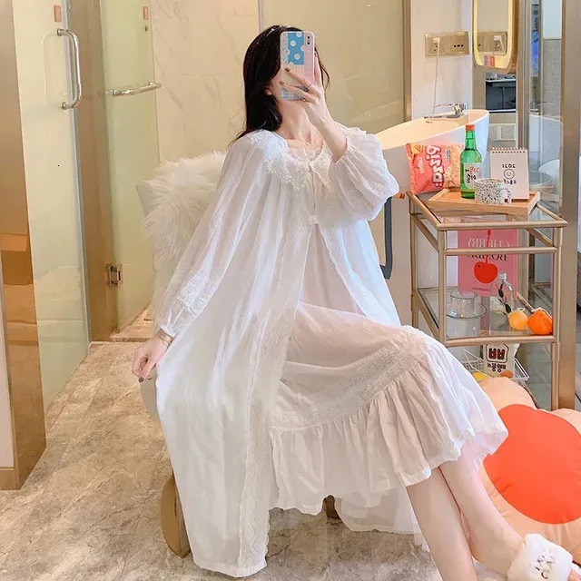Cotton Dressing Gown for Women Vintage Style Long Sleeve Ankle-Length Robe  in Pink White Blue from Dhgate Womens Sleepwear - price 82.92