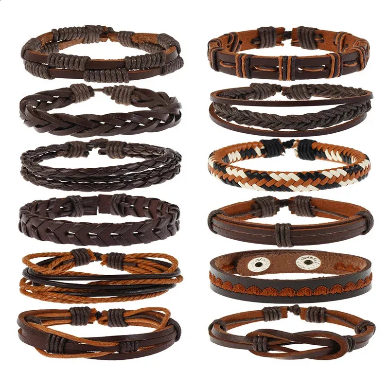 Pulseras Hombre Piel Juego 3 Pcs: Brazalete Punk Trenzado Remache Hipoalergénico (Cuero-3 Pcs)