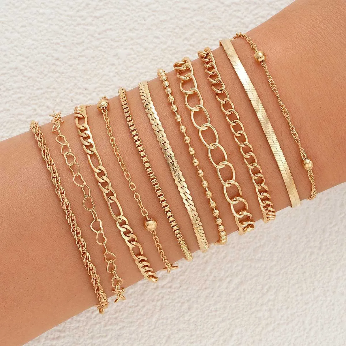 Lot De 5 Bracelets Femme Empilables - Chaînes Acier Inoxydable Plaqué Or - Styles Géométrique, Nœud Torsadé, Ouvert - Réglables, Cadeau Anniversaire