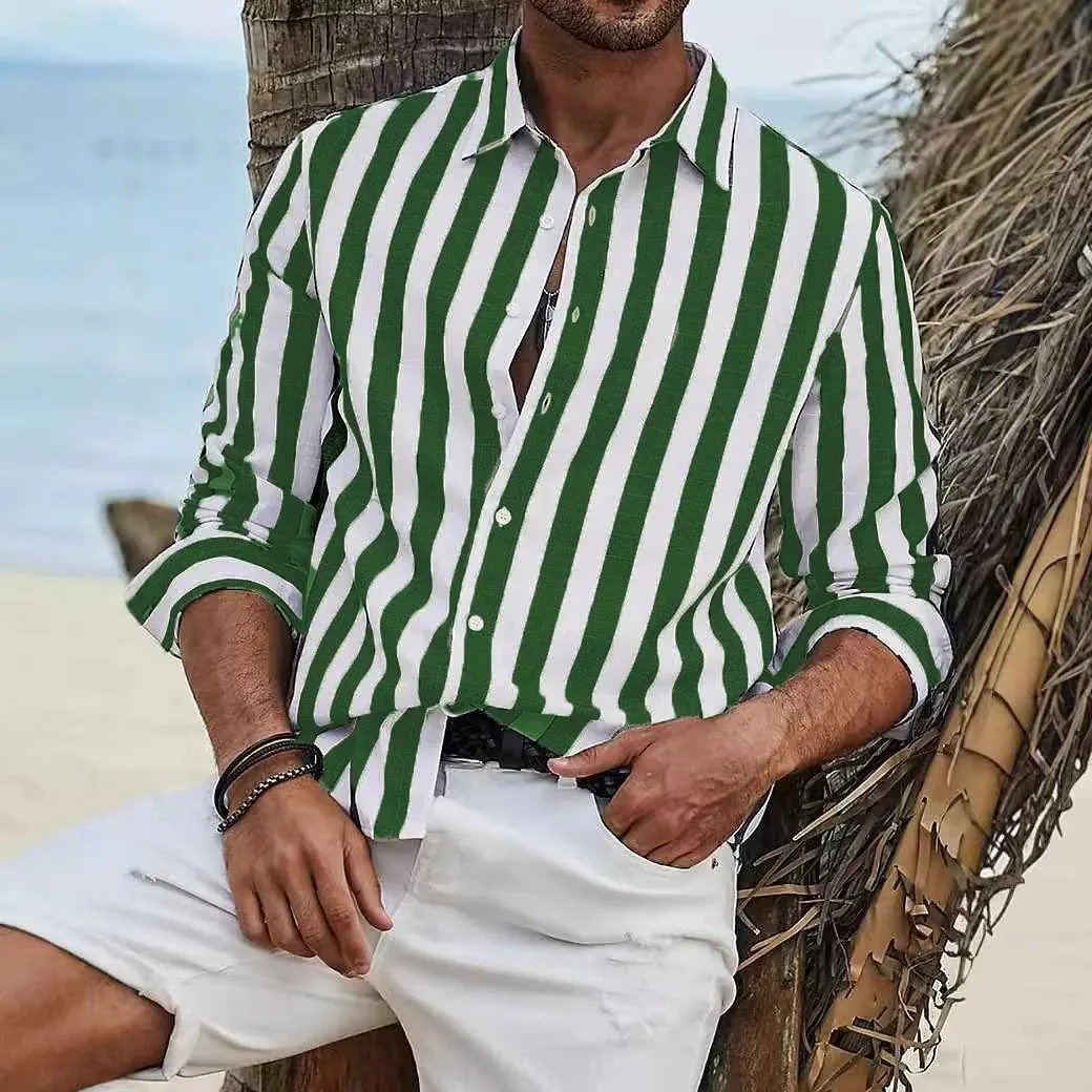 Z240914 Mens Cotton Linen Striped Guba Cardigan Casual Long Sleeve