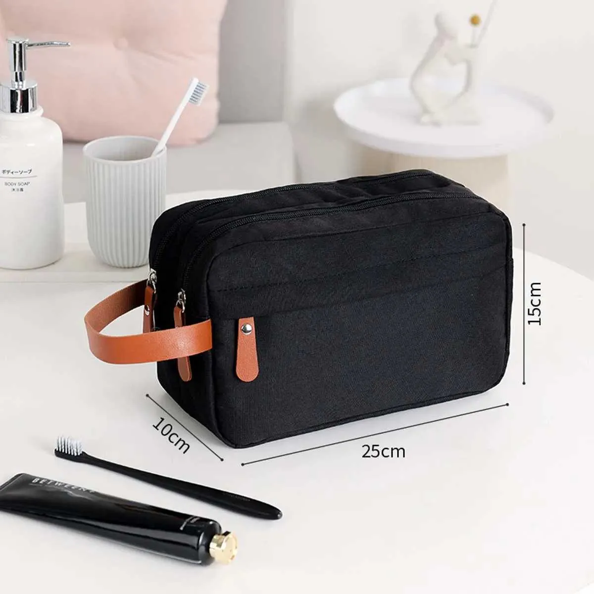 luxury men's travel toiletry bag Couples Gift Set - Medium Train Case & Double Zip Bag, Coordinated Pair, His & Hers - Navy Blue the epitome of sophistication and practicality ELIZO Genuine Leather Toiletry Bag