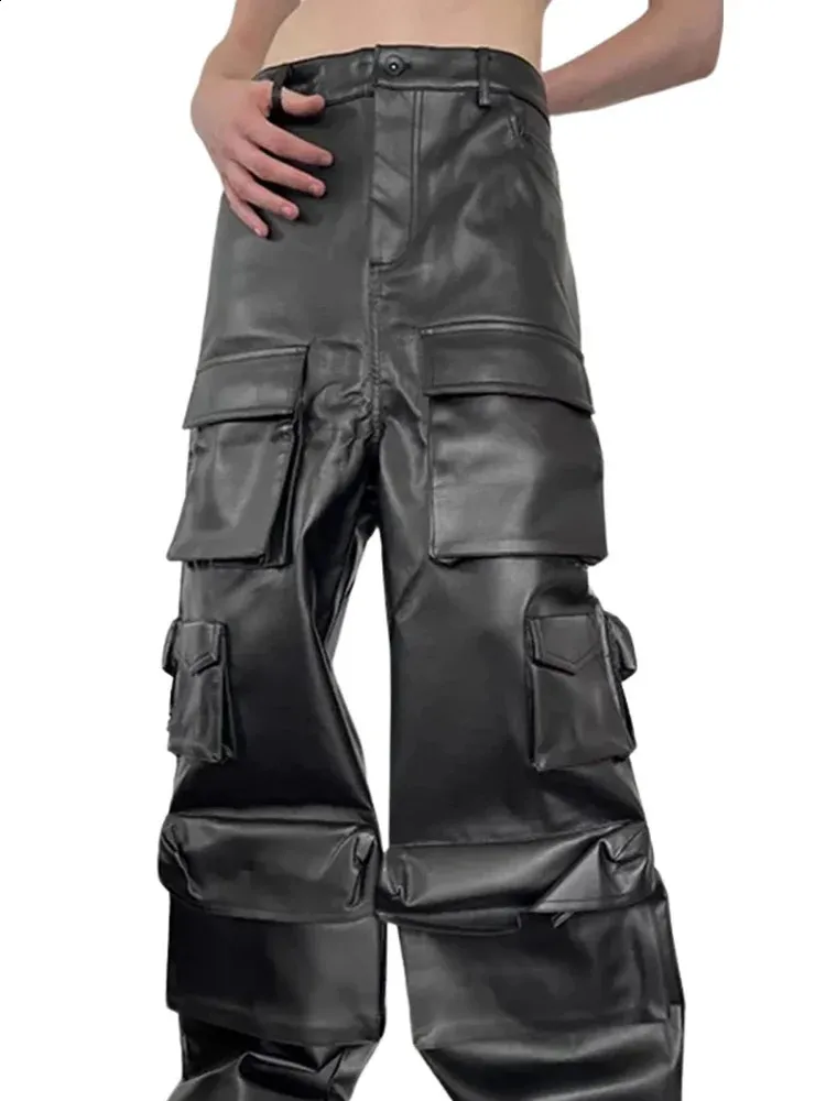 Mens Black Matte Leather Cargo Pants Mid Waist Loose Straight
