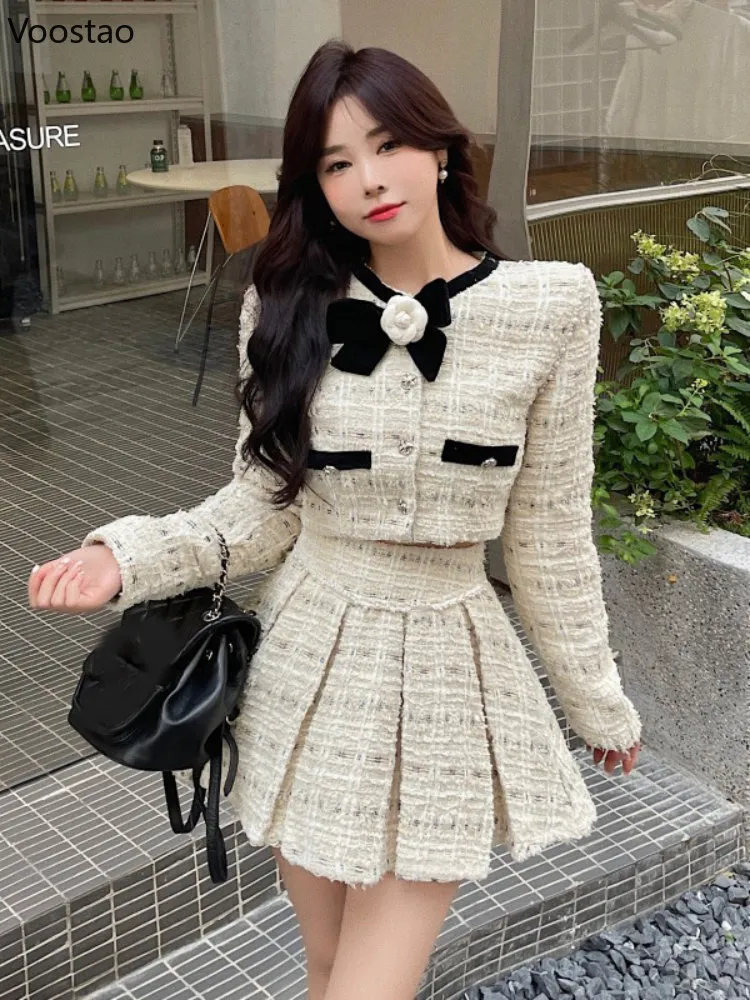 Womens Tweed Skirt Suit - Elegant Bow Jacket & Mini Skirt