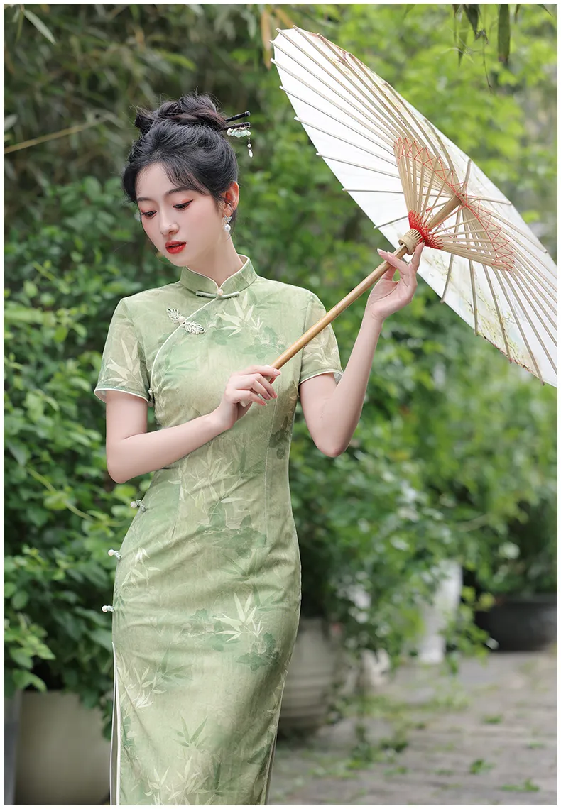 Jacquard satin Qipao, bamboo leaf pattern Qipao, casual midi Cheongsam M / Green