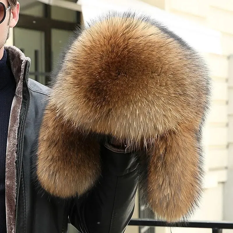 本物のキツネの毛皮ロシアのウシュンカの帽子 男性用の暖かい冬の耳の