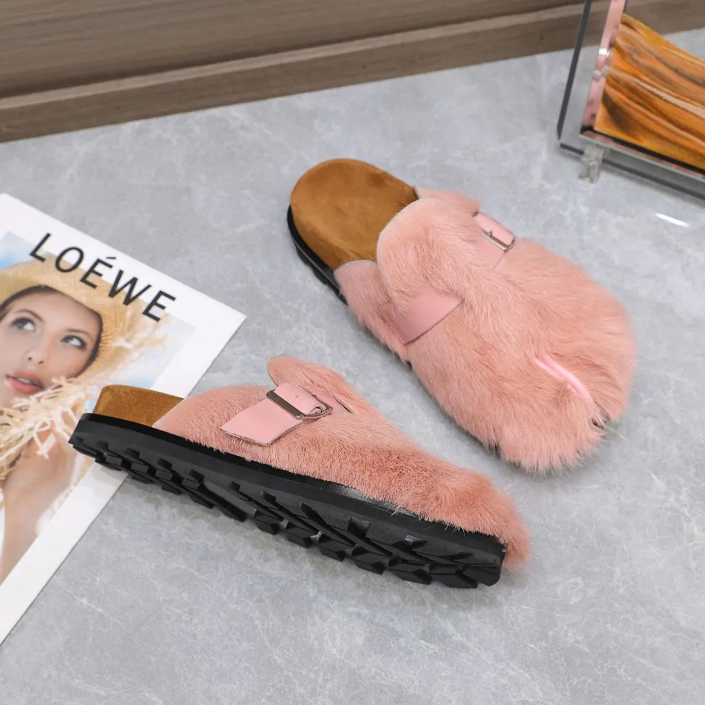 Women Tabi Split Toe Fur Slip-On Leather Sandals Flat Heel Casual