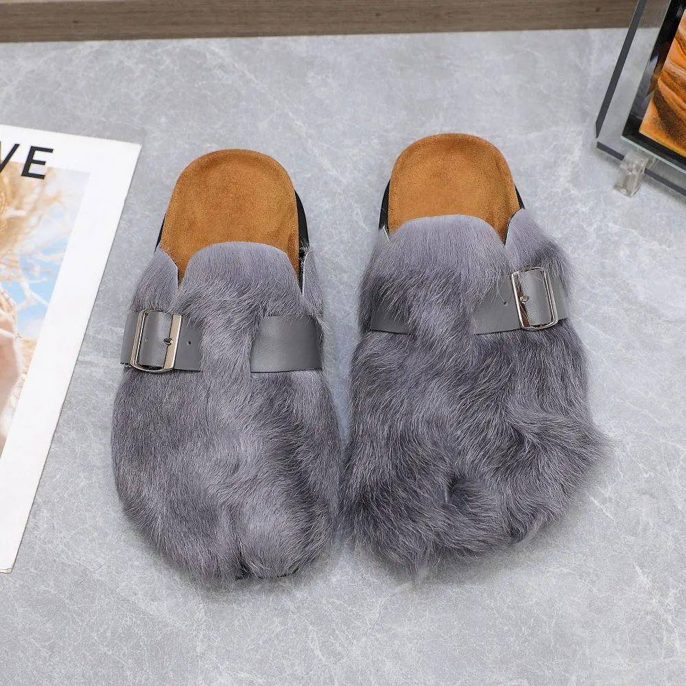Women Tabi Split Toe Fur Slip-On Leather Sandals Flat Heel Casual