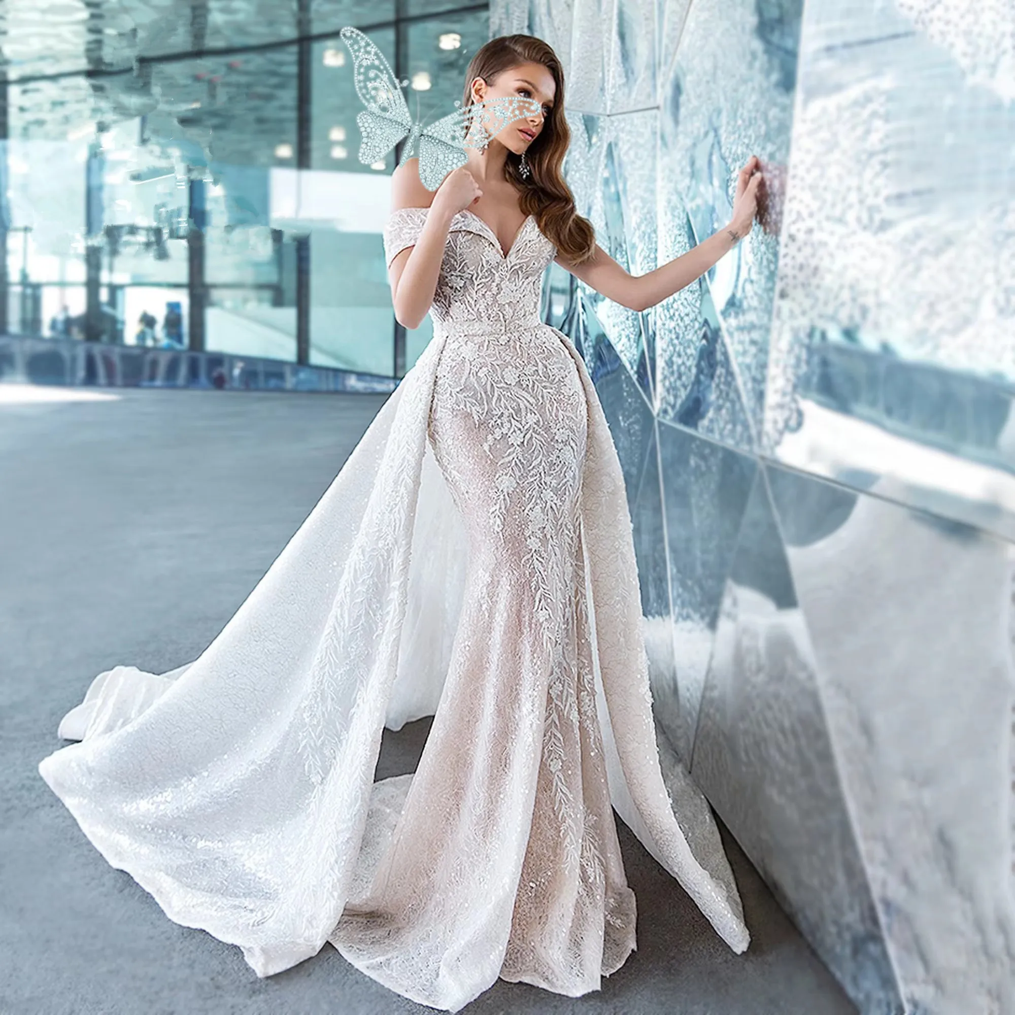 chinese dress ladies New V Neck Sweep Train Heavy Beaded Slit Mermaid Wedding Dress 2025 Ivory / 6