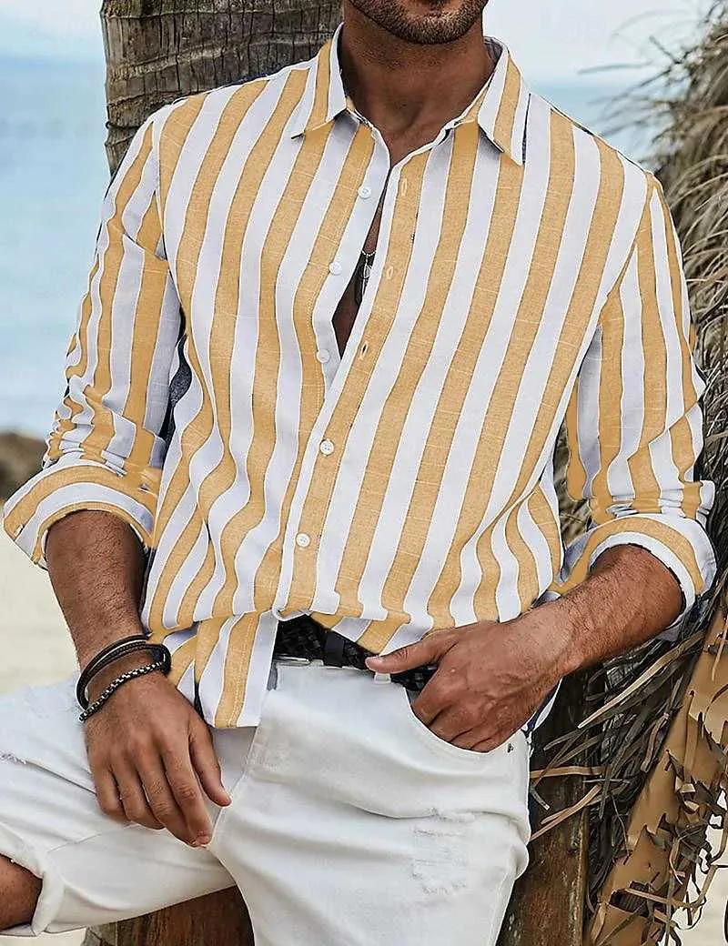 Mens Summer Vertical Striped Linen Blend Casual Button-Down
