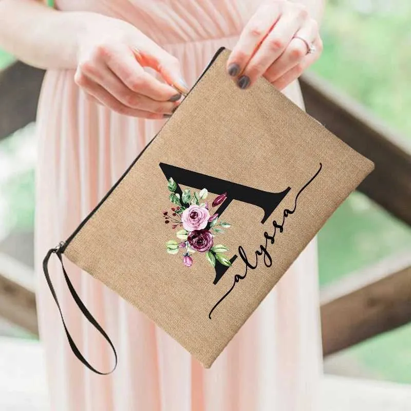 Personalized Initial Cosmetic Bag For Women Custom Linen Zipper Makeup Bag Floral Initial Travel Toiletry Organizer Pouch From South asian stack 7.38 DHgate.Com