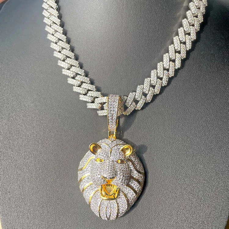 Lion Rapper Chain Handmade Ice Out Lion Head Pendant Necklace Micro Inlaid Zircon Hip Hop ...