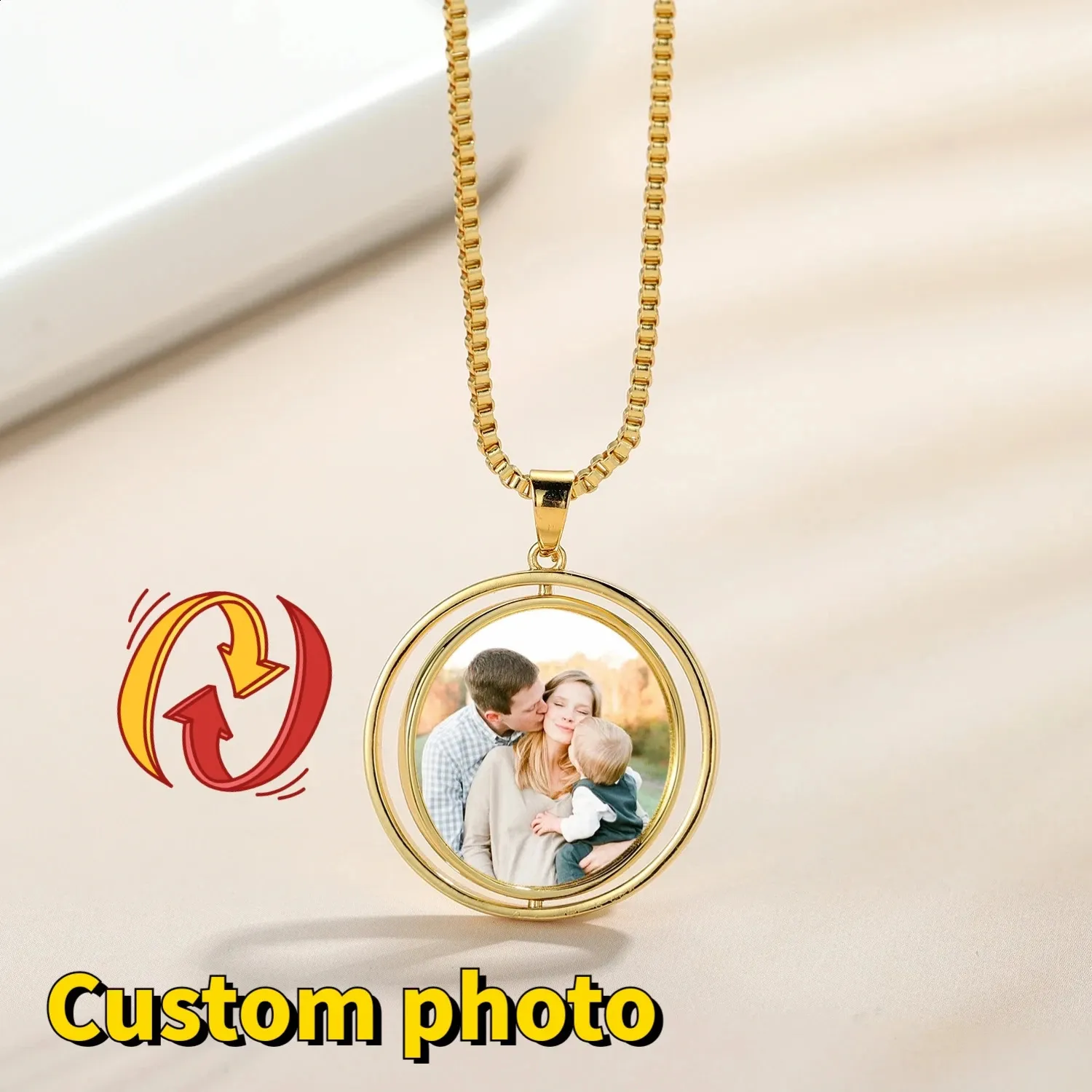 Personalized Rotating Photo Necklace Engraved Picture Pendant
