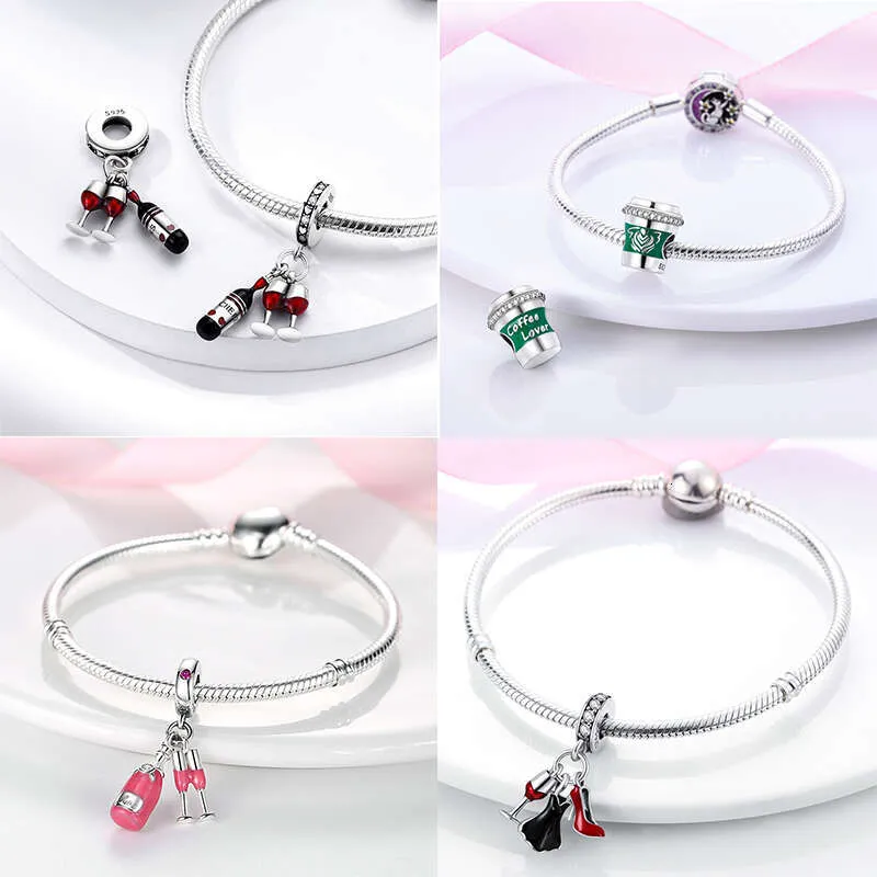 S925 925 Silver Cup Collection Coffee Afternoon Tea Wine Glass Pendant Fit Original Bracelet Charms Bead Necklace DIY_voghion.com