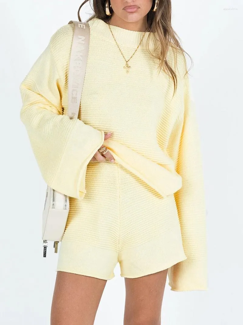 Womens Knit Tracksuit Set: Long Sleeve Pullover Top High Waist