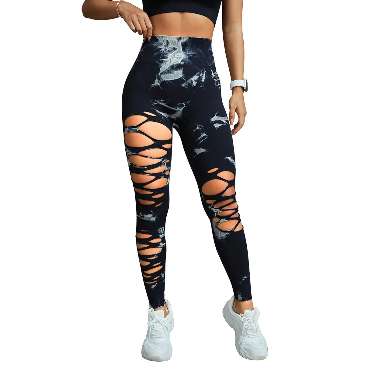 High Waisted Tie Dye Ripped Yoga Leggings with Peach Hip Design & Hollow  Out Detail