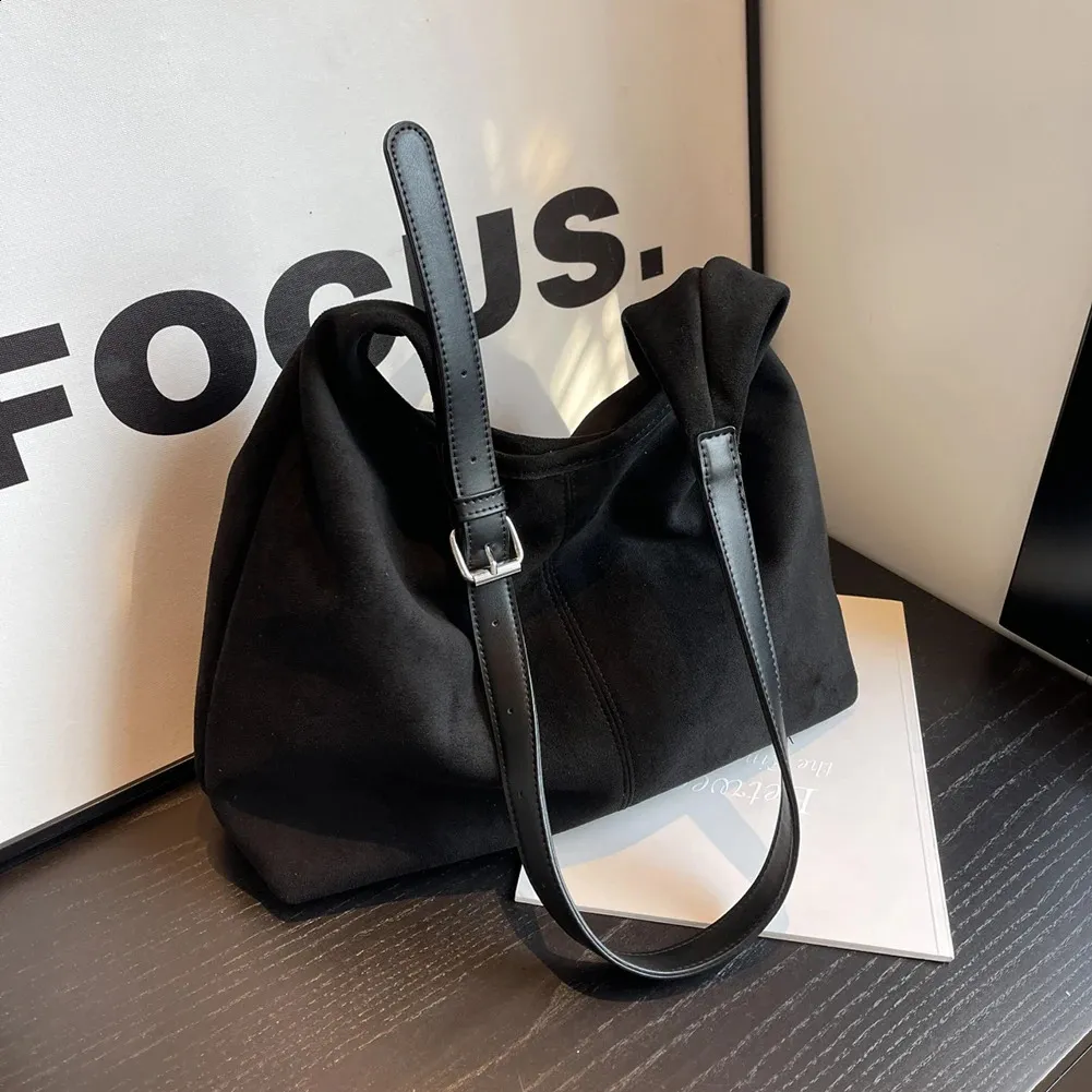 Vintage Faux Suede Tote Bag | Solid Color Shoulder Bag for