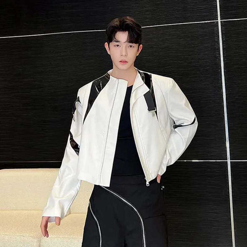 Mens Contrast Color Pu Leather Spliced Short Jacket - Korean