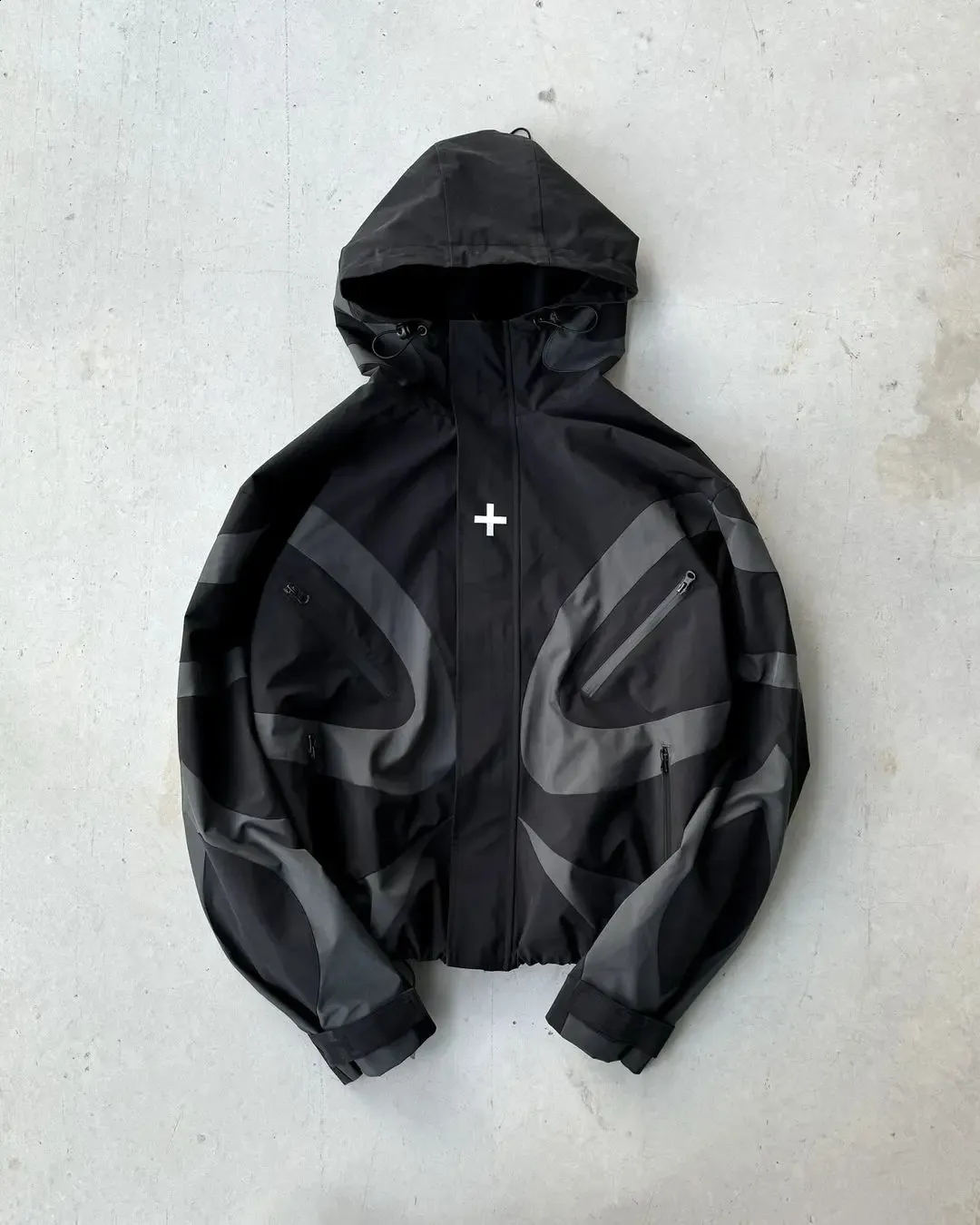 Y2K Trench Coat Mens Zipper Jacket Black Patchwork Hip Hop Hoodie