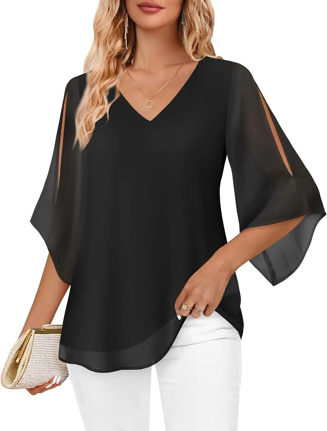 Flowy Chiffon V-Neck Dress Top with Pleated Sleeves Double