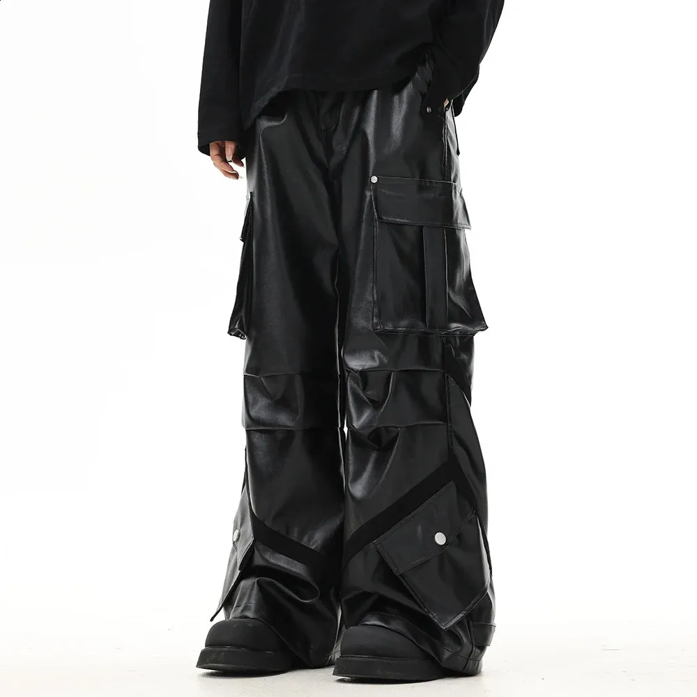 Leather Pleated Cargo Pants - Multi-Pocket Loose Straight Leg for