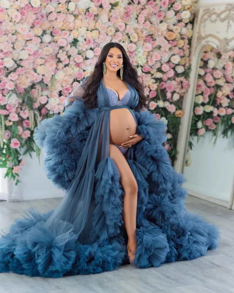 Navy Blue Ruffle Tulle Maternity Dress Floor-Length Hooded Collar Winter