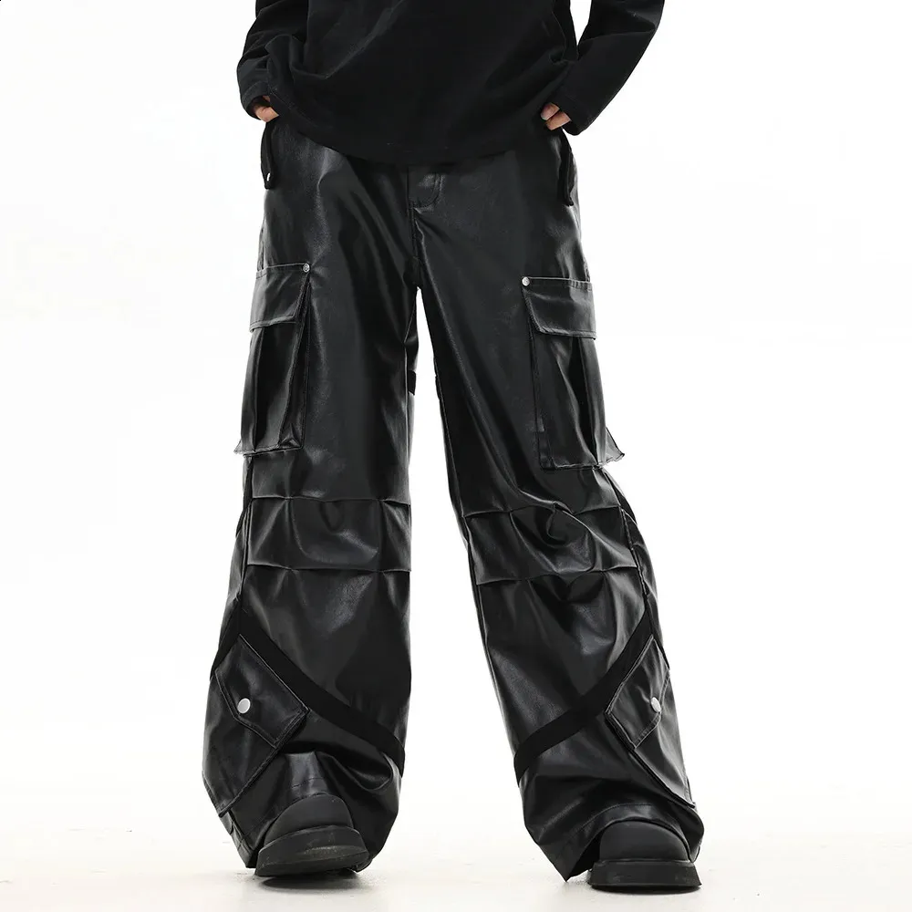 240913 Leather Pants For Men And Women Thick High Street Pleated