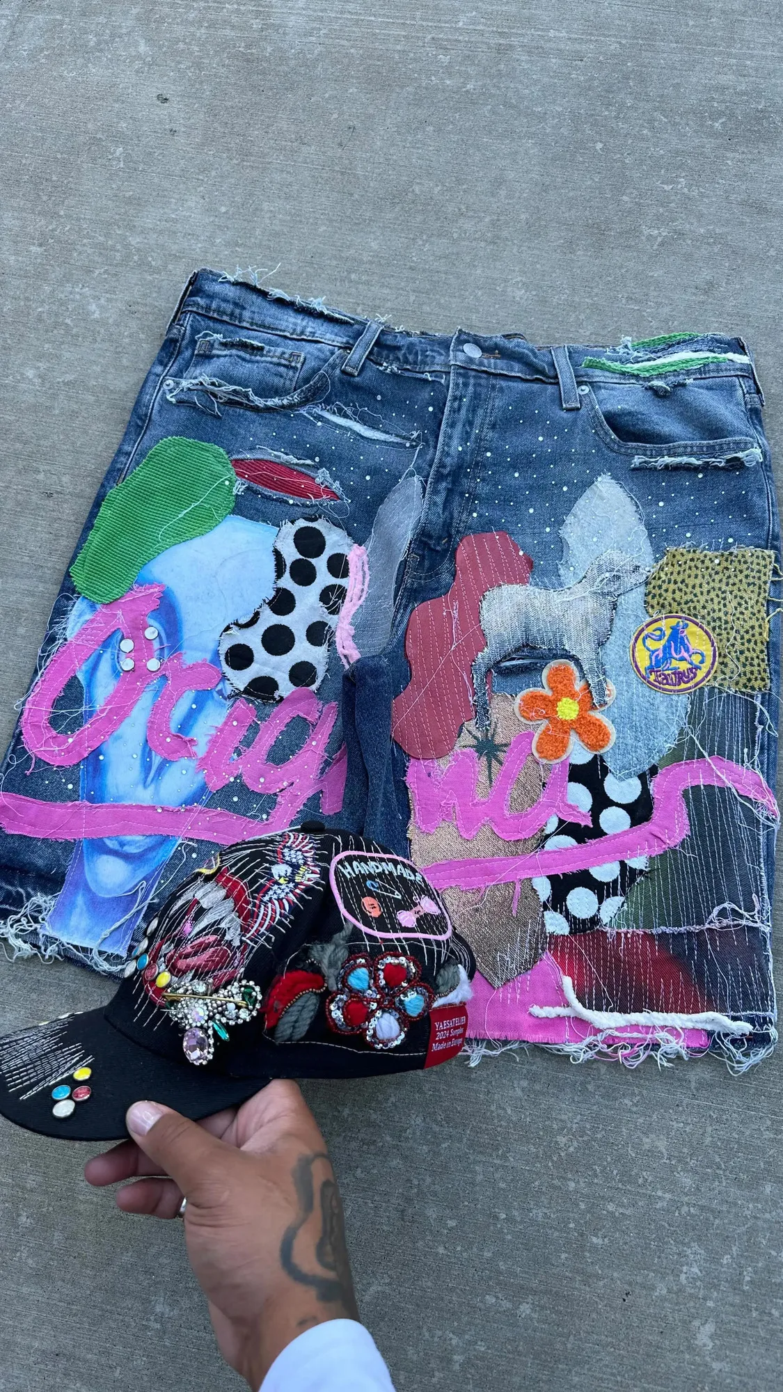 Painted Patchwork Denim Shorts | Baggy Y2K Streetwear Gothic