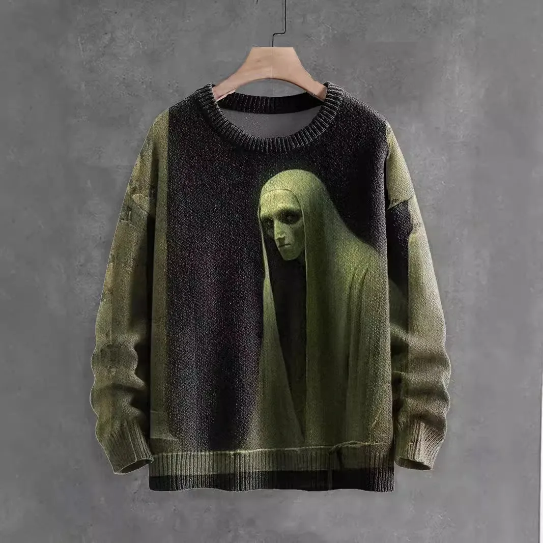 Halloween Sweaters For Women - Spooky Face Stitched Cozy Knit Crewneck Pullover, Funny Pumpkin Ghost Jumper Tops
