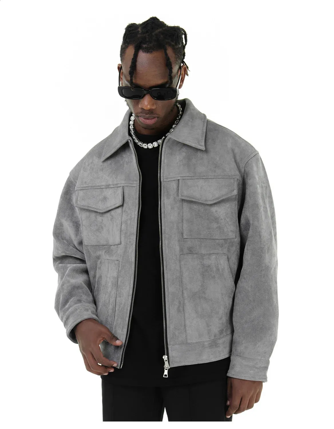 Mens Oversized Suede Suede Leather Jacket With Lapel Zipper