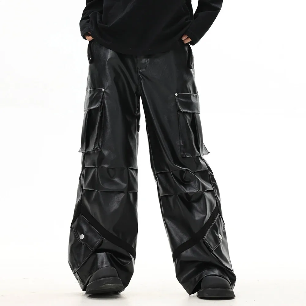 Leather Pleated Cargo Pants - Multi-Pocket Loose Straight Leg for