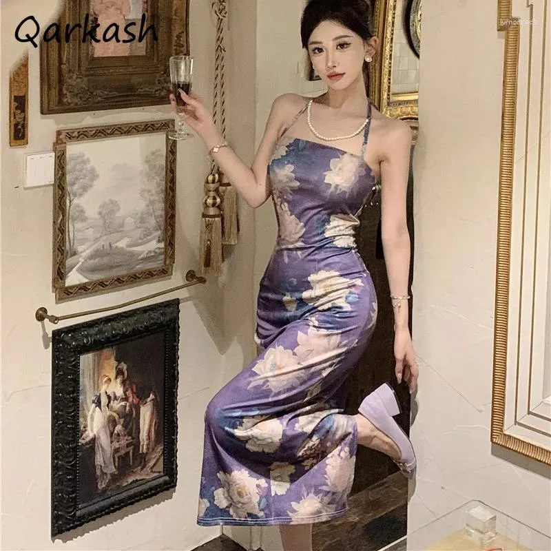 Women's Floral Print Halter Dress Summer Casual Chic Chinese Style  Bodycon Dress