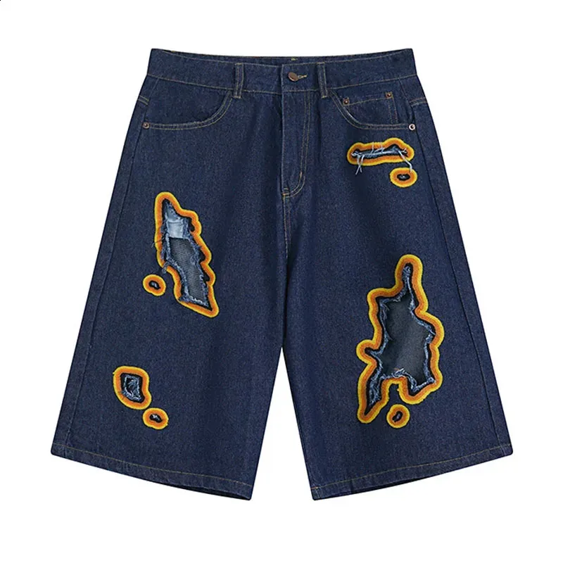 Mens Denim Shorts: Vintage Ripped Jeans Shorts With Embroidery