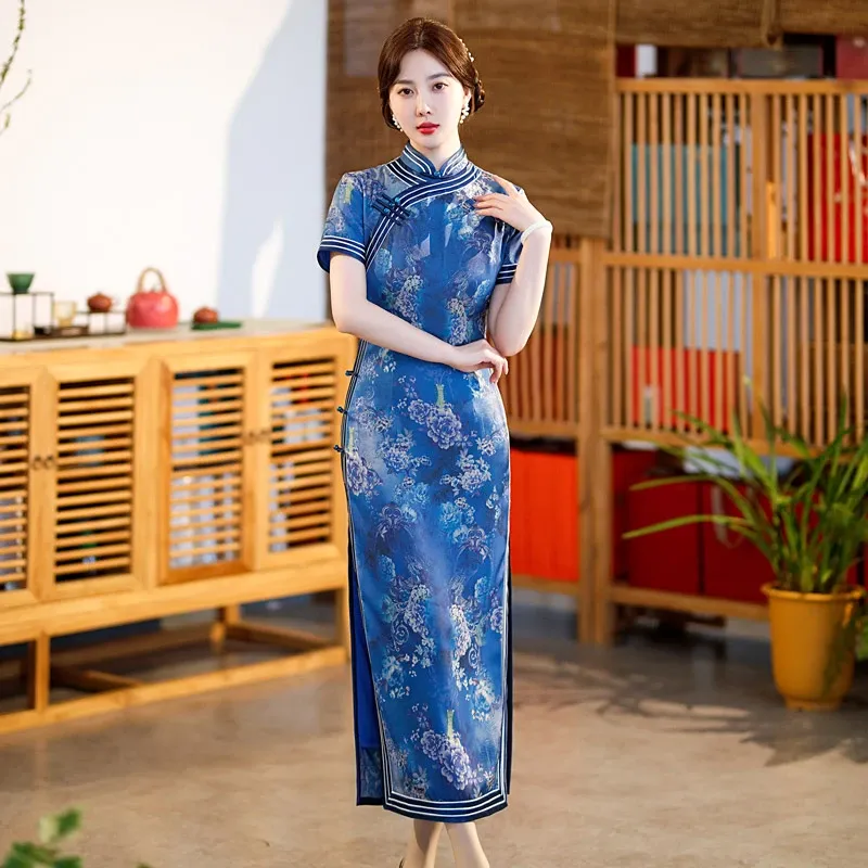green emerald velvet dress Ruffle Sleeve Cheongsam Top Long Mermaid Chinese Evening Dress Red / XL main image 1