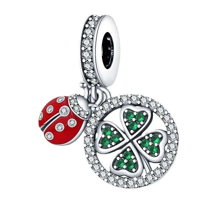 Nuovo ciondolo Sterling Charm Coccinella Foglia Verde Trifoglio Adatto a Ciondoli Argento 925 Bracciale Originale Creazione di Gioielli Fai da Te_voghion.com